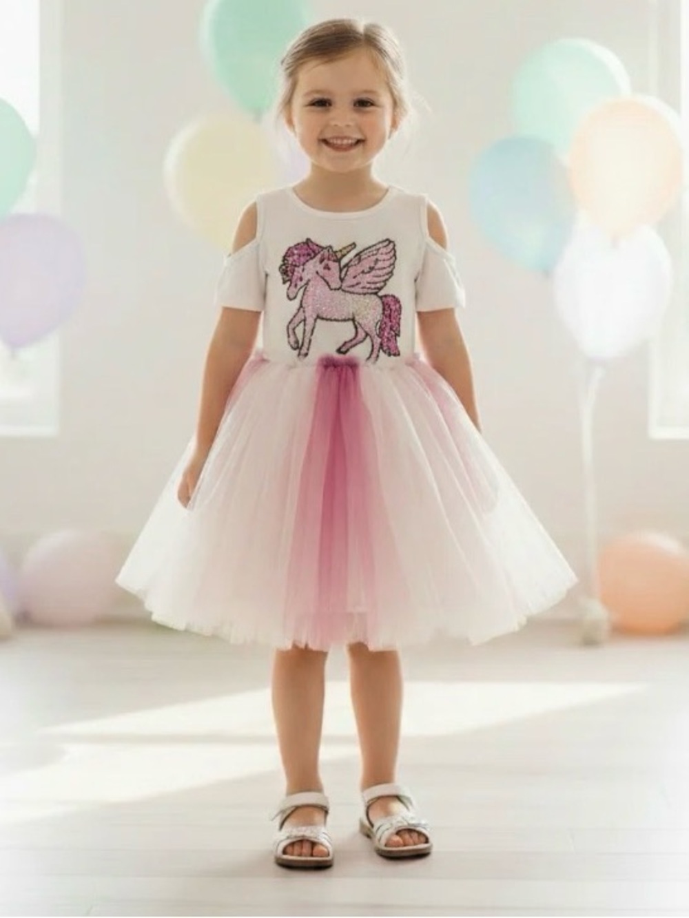 NWT Doe A Dear Toddler Girls Sequin Unicorn Cold Shoulder Pink Tulle Dress - 3T